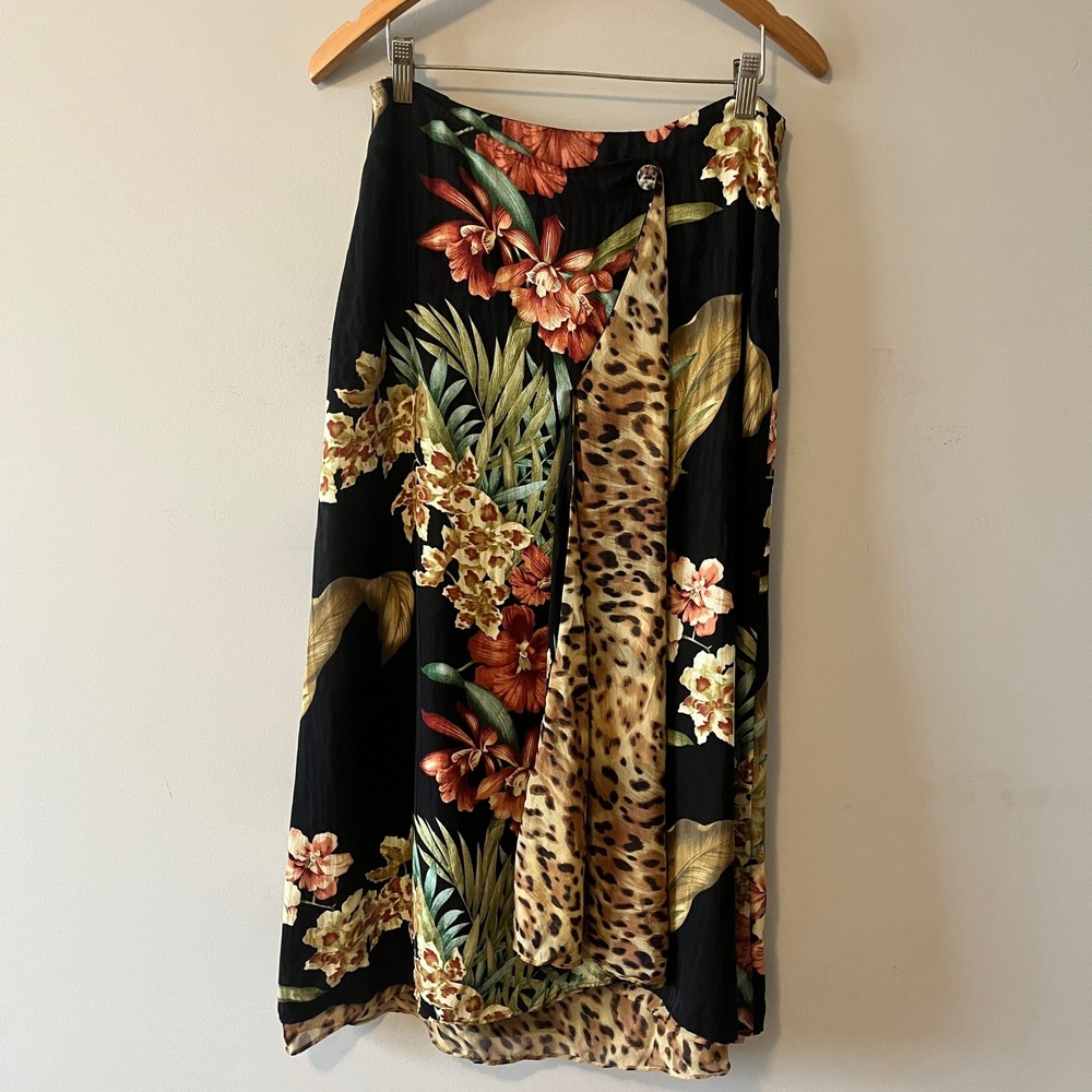 Tommy Bahama Tropical Leopard Silk Midi Skirt Floral Animal Print Black 8 Vtg